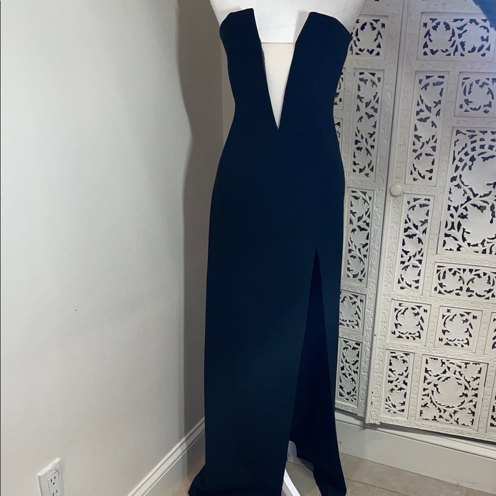 Strapless Black Evening Gown with Plunging V and Front Slit - Picture 5 of 11